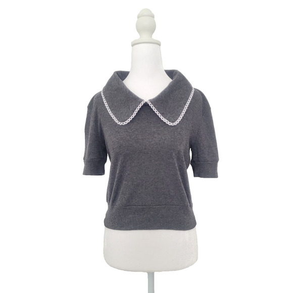 Roller Rabbit Knit Peter Pan Collar Crop Top Sz M Gray Preppy Academia Coquette - Picture 1 of 8